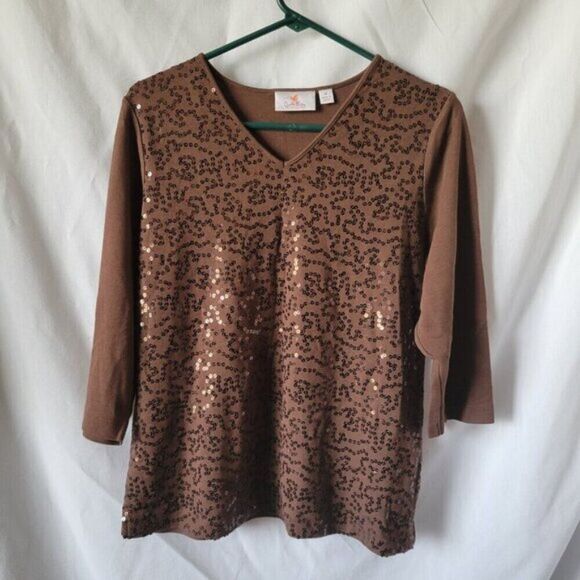 Quacker Factory QVC Medium Sequined Top Brown V-neck flashy pullover 100% Cotton - Picture 1 of 10